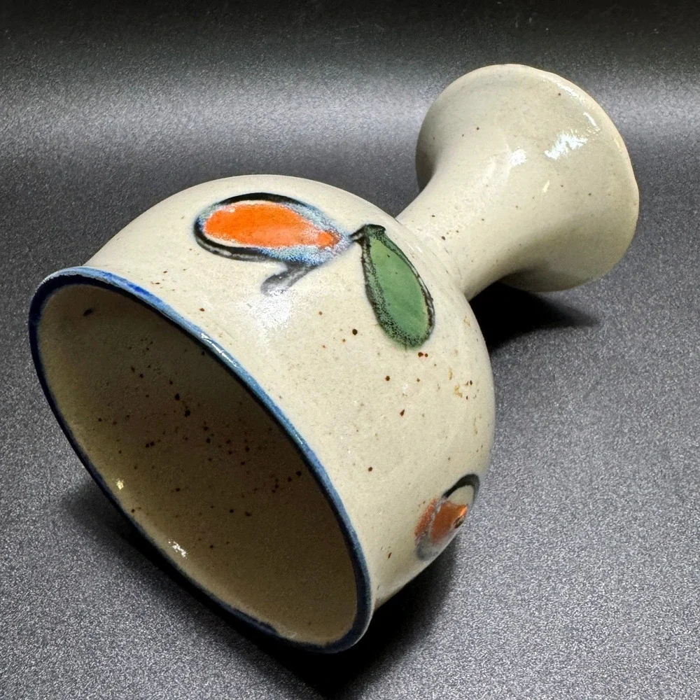 Vintage Pottery Goblet Hand Painted Fruit Speckle Glaze Cobalt Blue Rim Folk Art